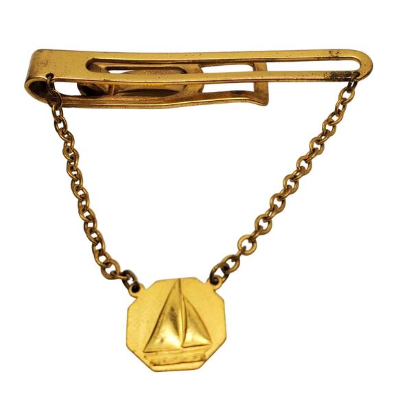 Sailboat Vintage Tie Clip Boating Gold Tone Tack Bar Chain Uneek - Picture 2 of 8